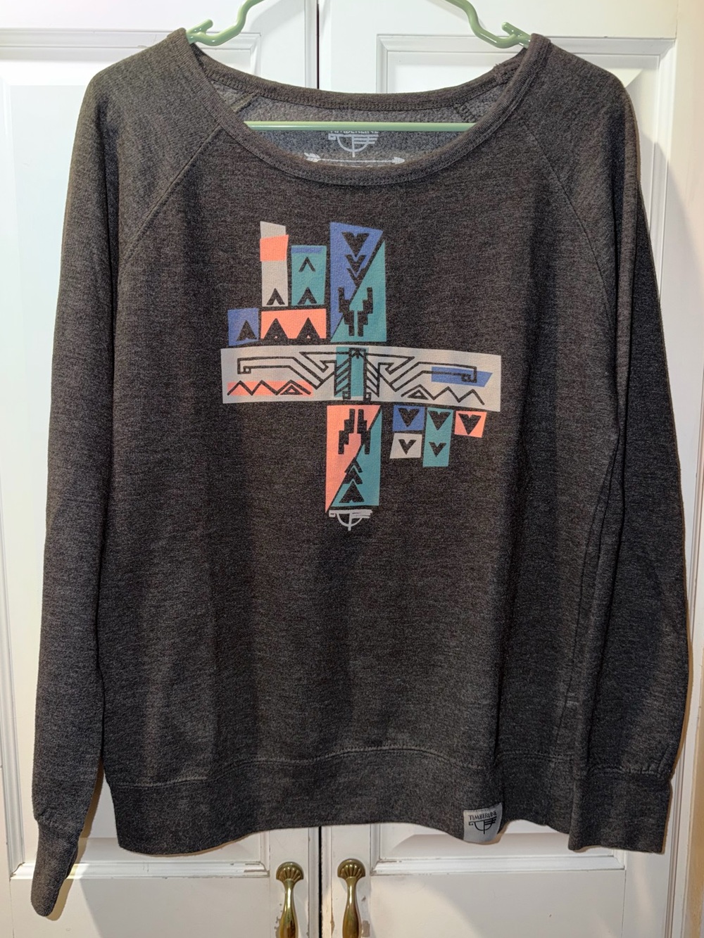 Timberline Charcoal Crewneck Sweater with Multicolor Geometric Print Size L
